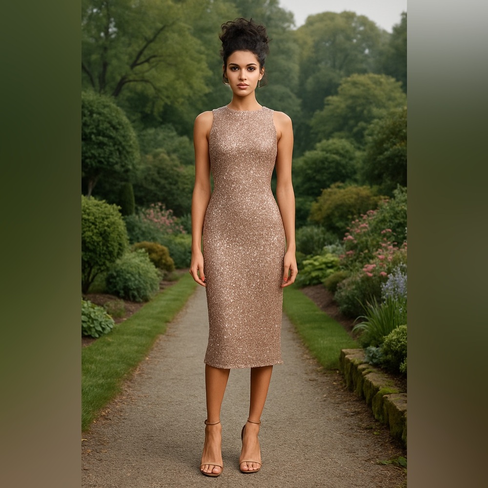 Mac Duggal 5526 Rosewood Rose Gold Sequin Jewel Neck Tea Length Dress NWT 12 - Picture 2 of 14